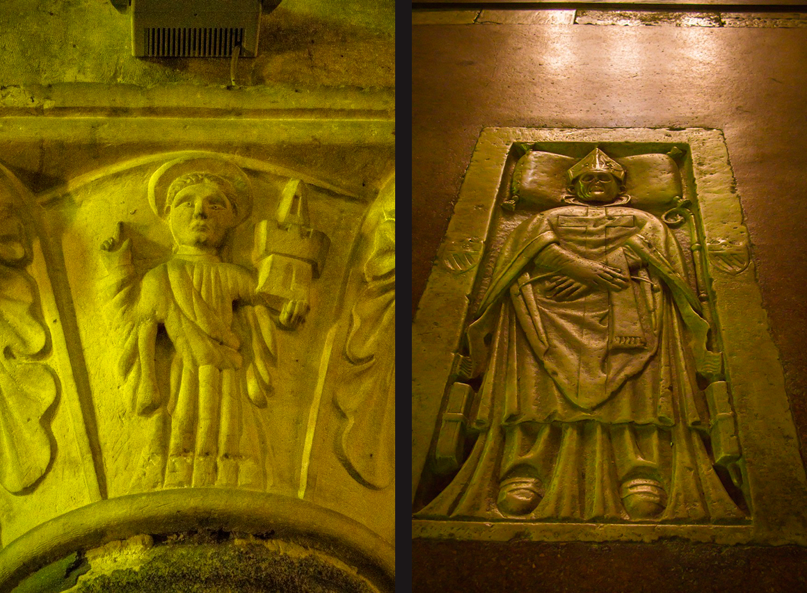 Украшения колонн и римский саркофаг в полу